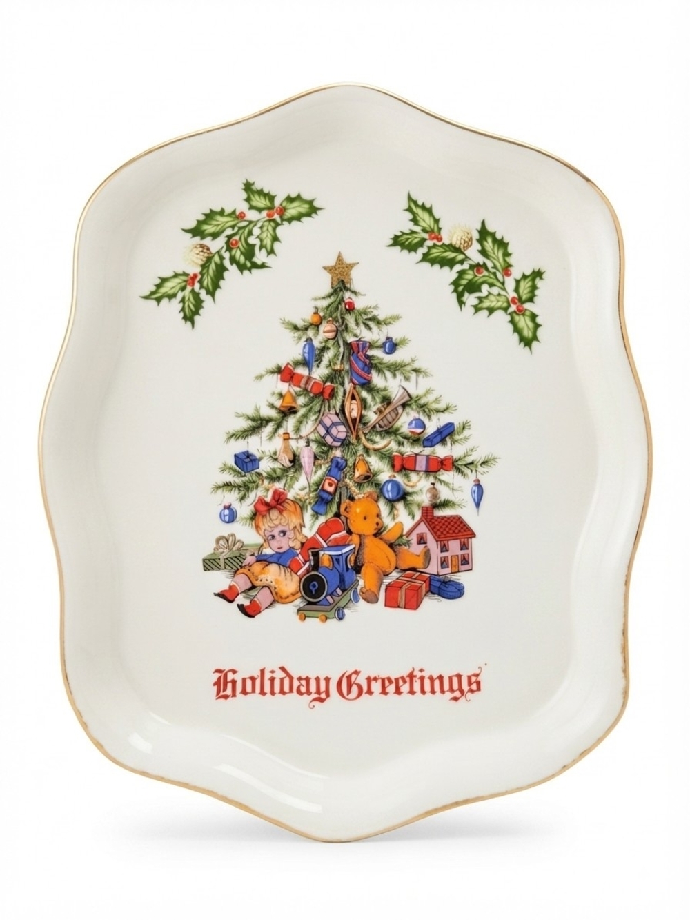 Vintage 1984 Christmas Holiday Greetings Ceramic Holiday Tree Serving Dish
